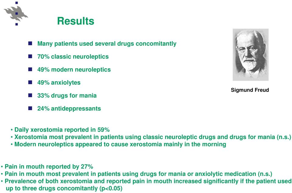 ants Daily xerostomia reported in 59% Xerostomia most prevalent in patients using classic neuroleptic drugs and drugs for mania (n.s.) Modern neuroleptics