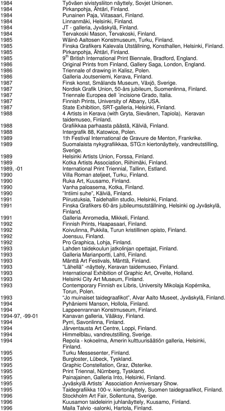 Finska Grafikers Kalevala Utställning, Konsthallen, Helsinki, 1985 Pirkanpohja, Ähtäri, 1985 9 th British International Print Biennale, Bradford, England.
