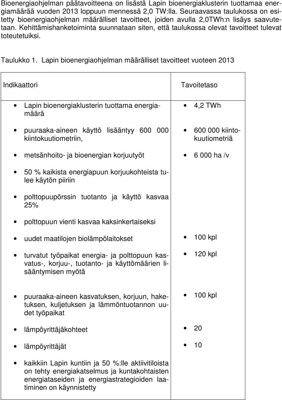 Kehittämishanketoiminta suunnataan siten, että taulukossa olevat tavoitteet tulevat toteutetuiksi. Taulukko 1.