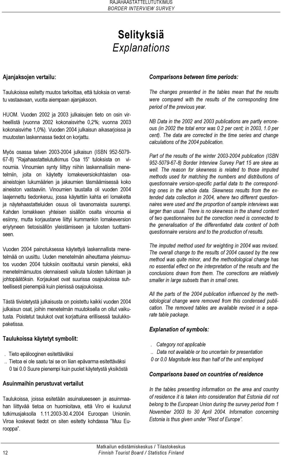 Vuoden 2004 julkaisun aikasarjoissa ja muutosten laskennassa tiedot on korjattu. Myös osassa talven 2003-2004 julkaisun (ISBN 952-5079- 67-8) Rajahaastattelututkimus Osa 15 tuloksista on vinoumia.