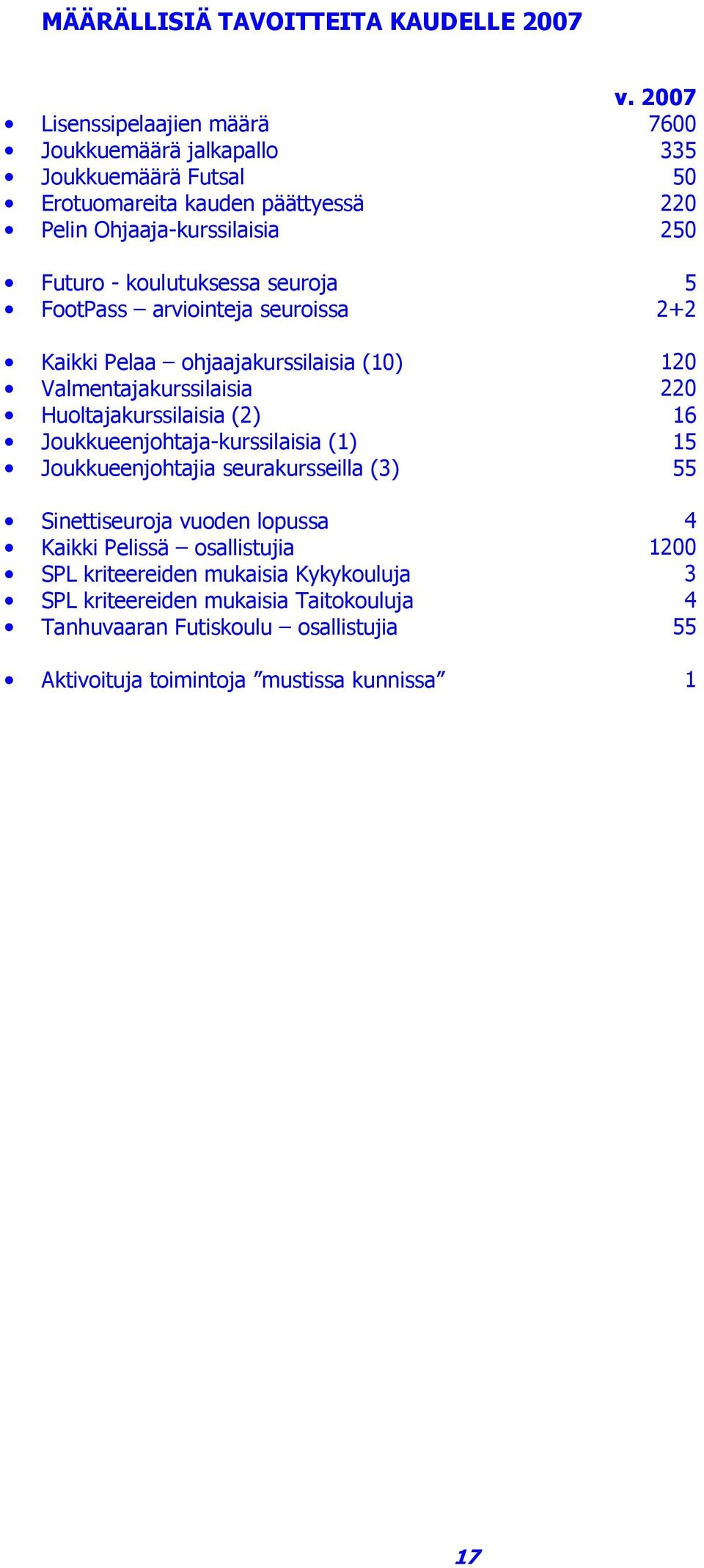 koulutuksessa seuroja 5 FootPass arviointeja seuroissa 2+2 Kaikki Pelaa ohjaajakurssilaisia (10) 120 Valmentajakurssilaisia 220 Huoltajakurssilaisia (2) 16