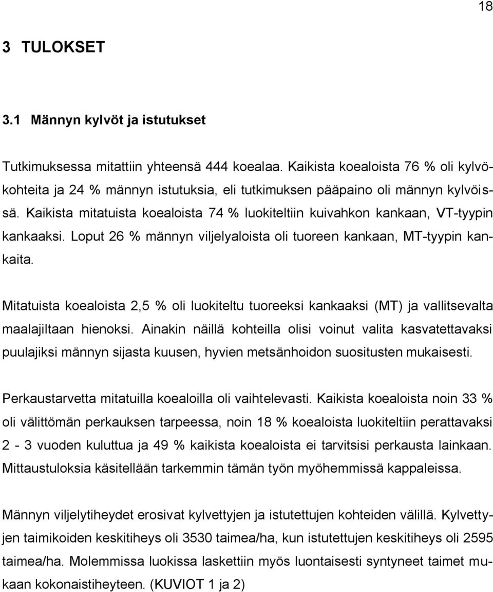 Kaikista mitatuista koealoista 74 % luokiteltiin kuivahkon kankaan, VT-tyypin kankaaksi. Loput 26 % männyn viljelyaloista oli tuoreen kankaan, MT-tyypin kankaita.