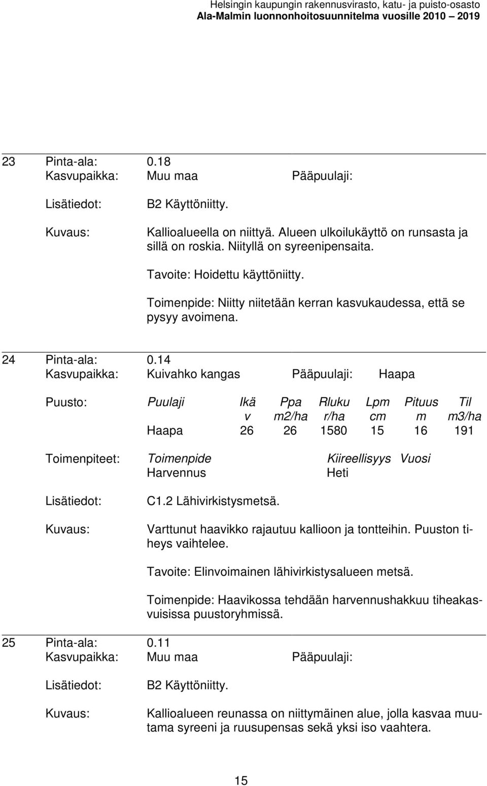 Toienpide: Niitty niitetään kerran kasukaudessa, että se pysyy aoiena. 24 Pinta-ala: 0.