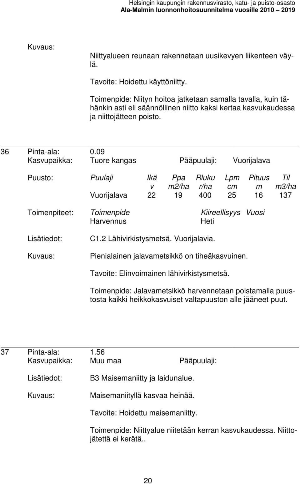 09 Kasupaikka: Tuore kangas Pääpuulaji: Vuorijalaa Lp 2/ha c 3/ha Vuorijalaa 22 19 400 25 16 137 Toienpiteet: Toienpide Kiireellisyys Vuosi Harennus C1.2 Lähiirkistysetsä. Vuorijalaia.