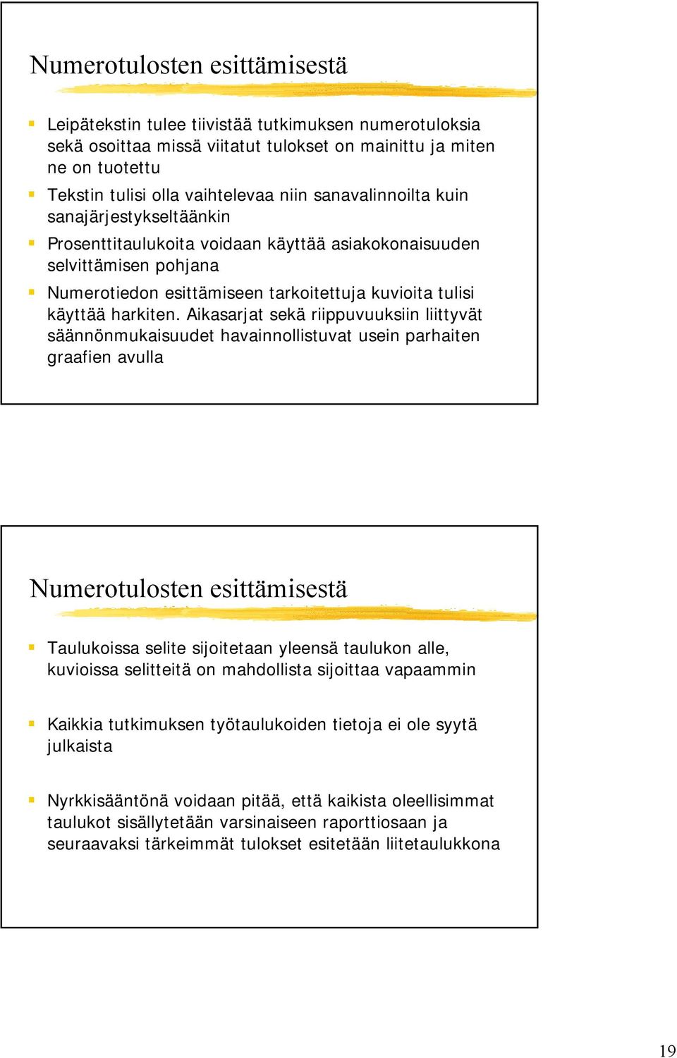 Aikasarjat sekä riippuvuuksiin liittyvät säännönmukaisuudet havainnollistuvat usein parhaiten graafien avulla Numerotulosten esittämisestä Taulukoissa selite sijoitetaan yleensä taulukon alle,