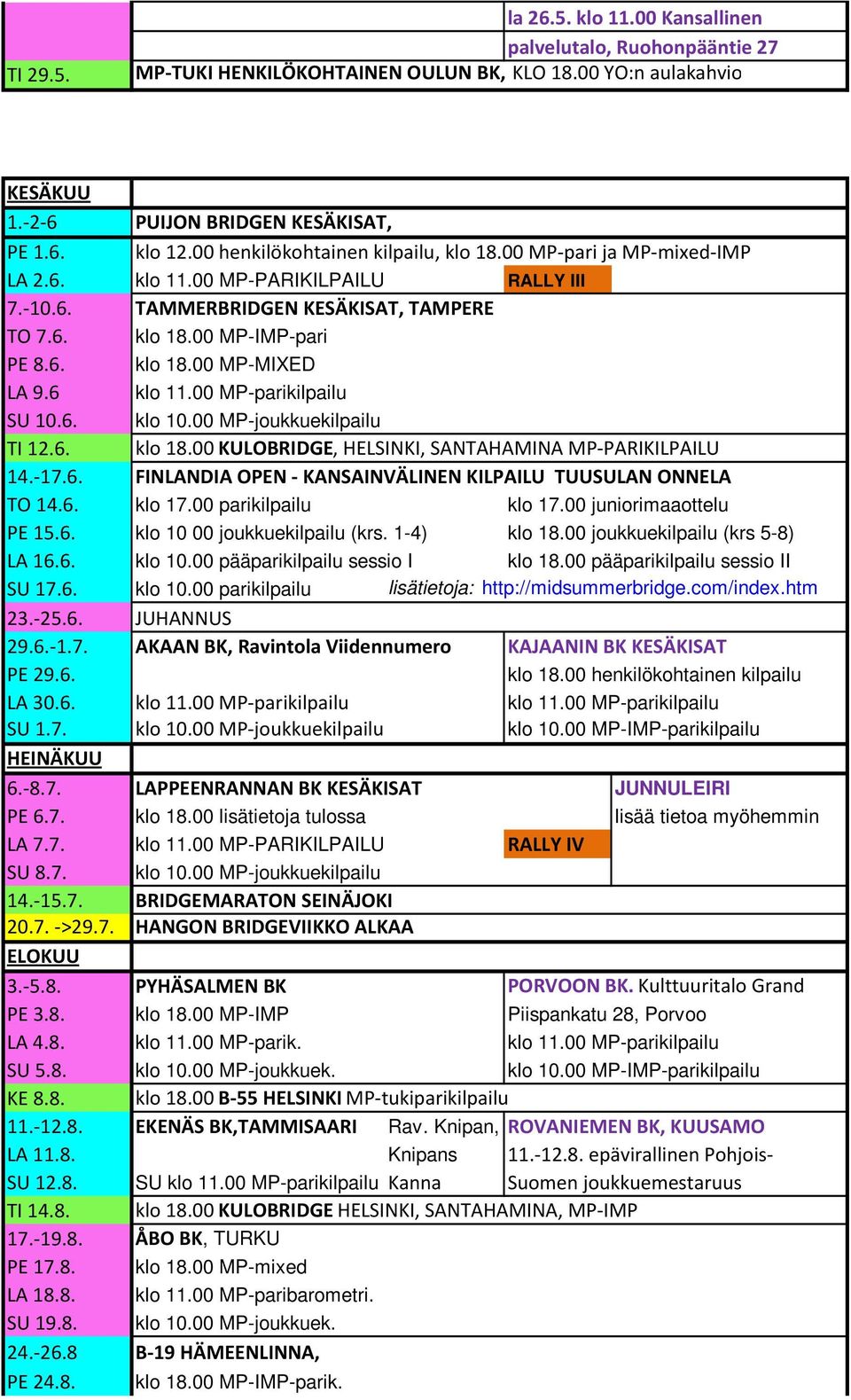 6 klo 11.00 MP-parikilpailu SU 10.6. klo 10.00 MP-joukkuekilpailu TI 12.6. klo 18.00 KULOBRIDGE, HELSINKI, SANTAHAMINA MP-PARIKILPAILU 14.-17.6. FINLANDIA OPEN - KANSAINVÄLINEN KILPAILU TUUSULAN ONNELA TO 14.