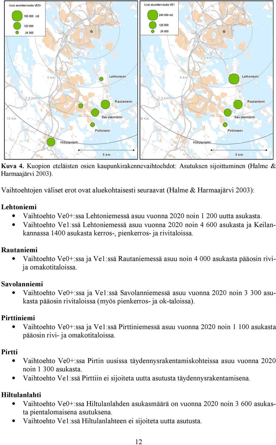 Kuopion eteläisten osien kaupunkirakennevaihtoehdot: Asutuksen sijoittuminen (Halme & Harmaajärvi 2003).