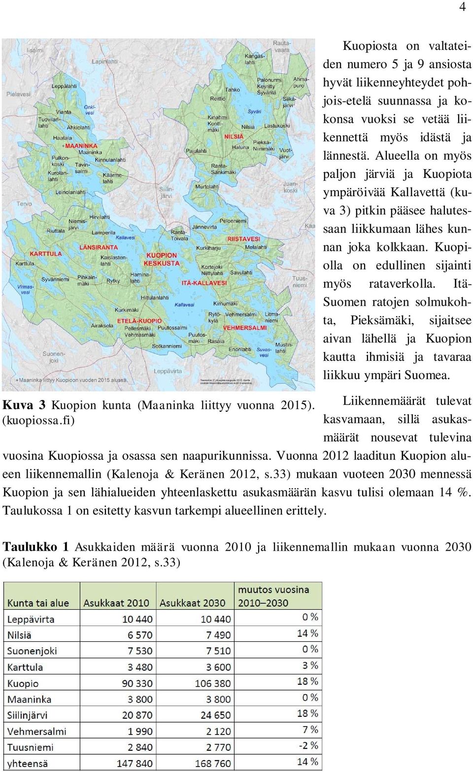 Alueella on myös paljon järviä ja Kuopiota ympäröivää Kallavettä (kuva 3) pitkin pääsee halutessaan liikkumaan lähes kunnan joka kolkkaan. Kuopiolla on edullinen sijainti myös rataverkolla.