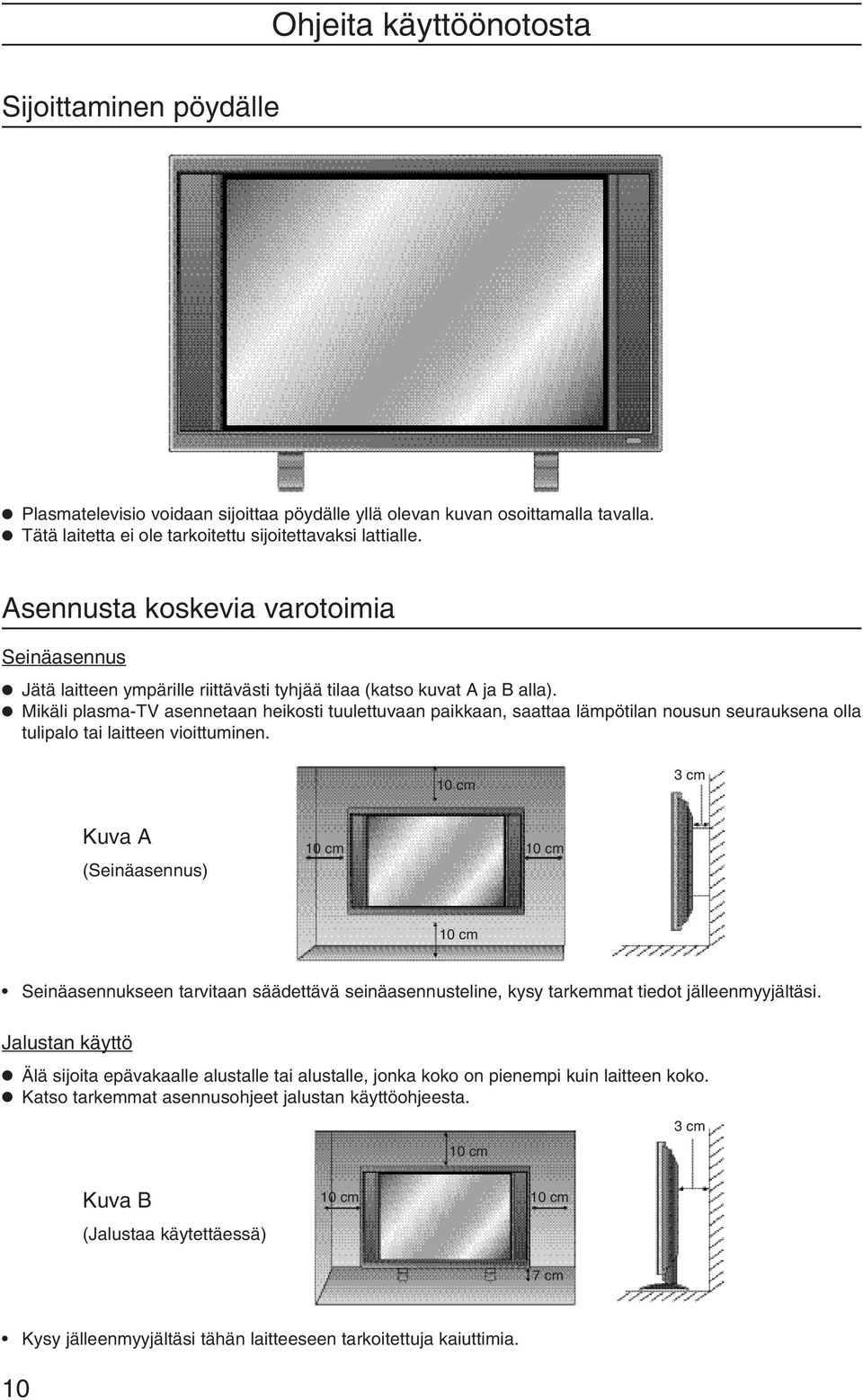 Mikäli plasma-tv asennetaan heikosti tuulettuvaan paikkaan, saattaa lämpötilan nousun seurauksena olla tulipalo tai laitteen vioittuminen.