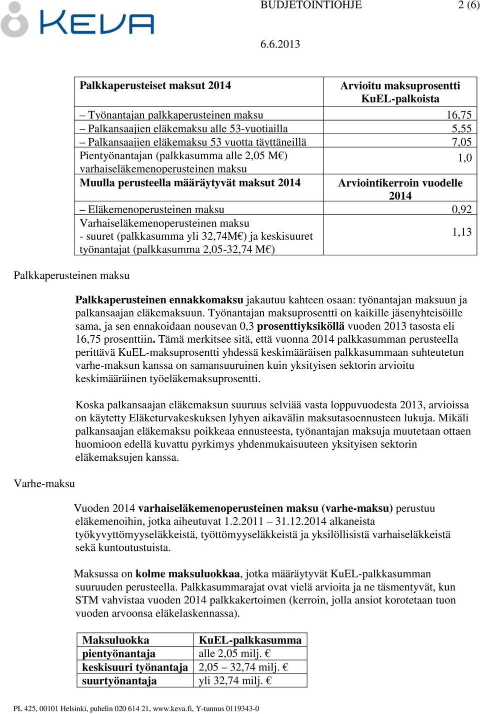 Arviointikerroin vuodelle 2014 Eläkemenoperusteinen maksu 0,92 Varhaiseläkemenoperusteinen maksu - suuret (palkkasumma yli 32,74M ) ja keskisuuret 1,13 työnantajat (palkkasumma 2,05-32,74 M )