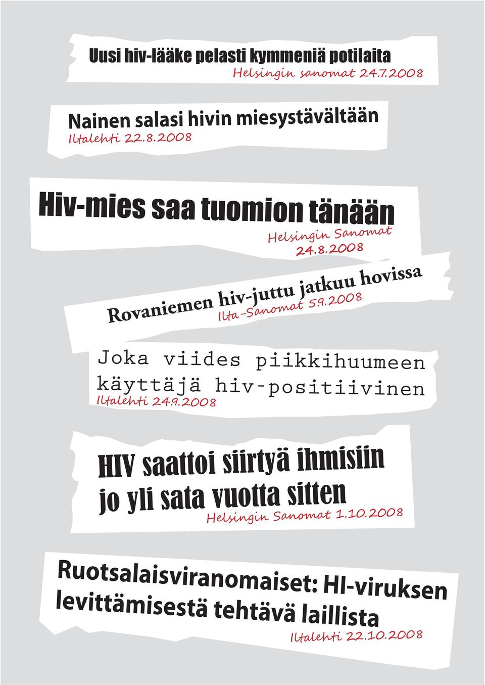 9. 2008 Joka viides piikkihuumeen käyttäjä hiv-positiivinen Iltalehti 24.9. 2008 HIV saattoi siirtyä ihmisiin jo yli sata vuotta sitten Helsingin Sanomat 1.