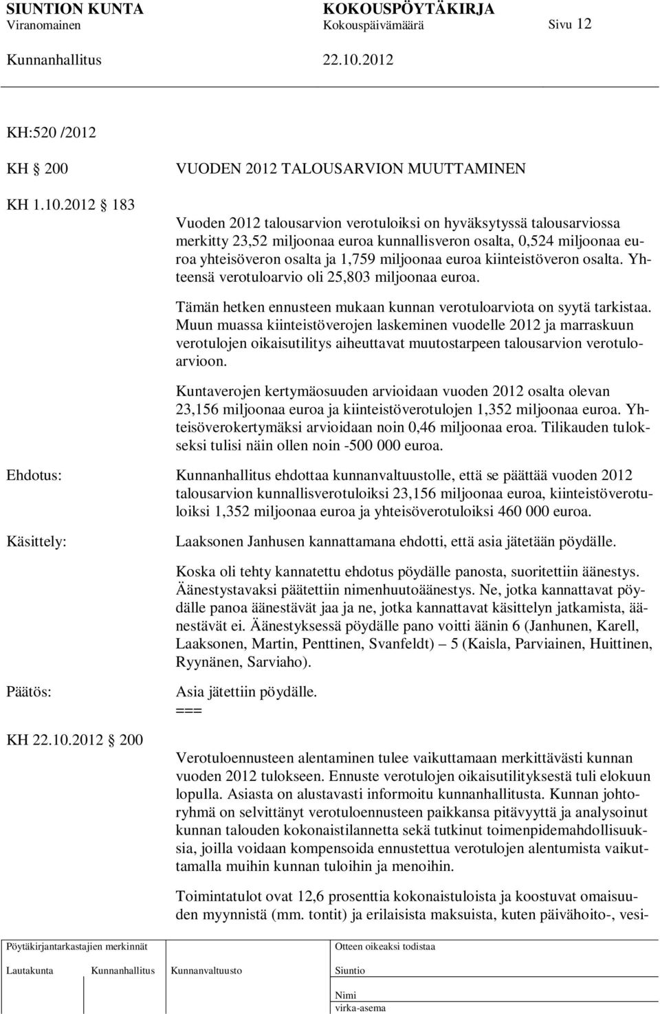 kiinteistöveron osalta. Yhteensä verotuloarvio oli 25,803 miljoonaa euroa. Tämän hetken ennusteen mukaan kunnan verotuloarviota on syytä tarkistaa.