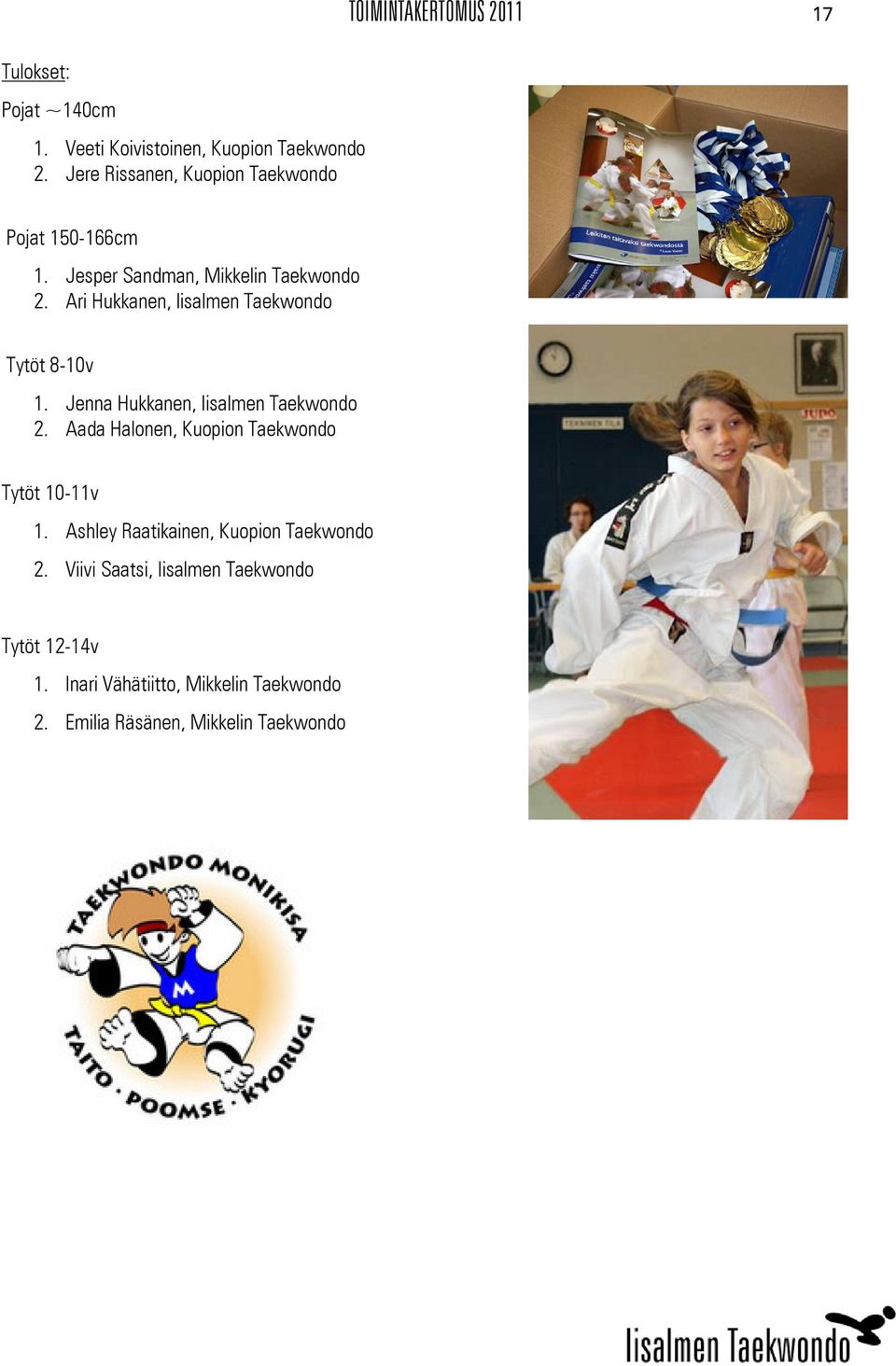 Ari Hukkanen, Iisalmen Taekwondo Tytöt 8-10v 1. Jenna Hukkanen, Iisalmen Taekwondo 2.