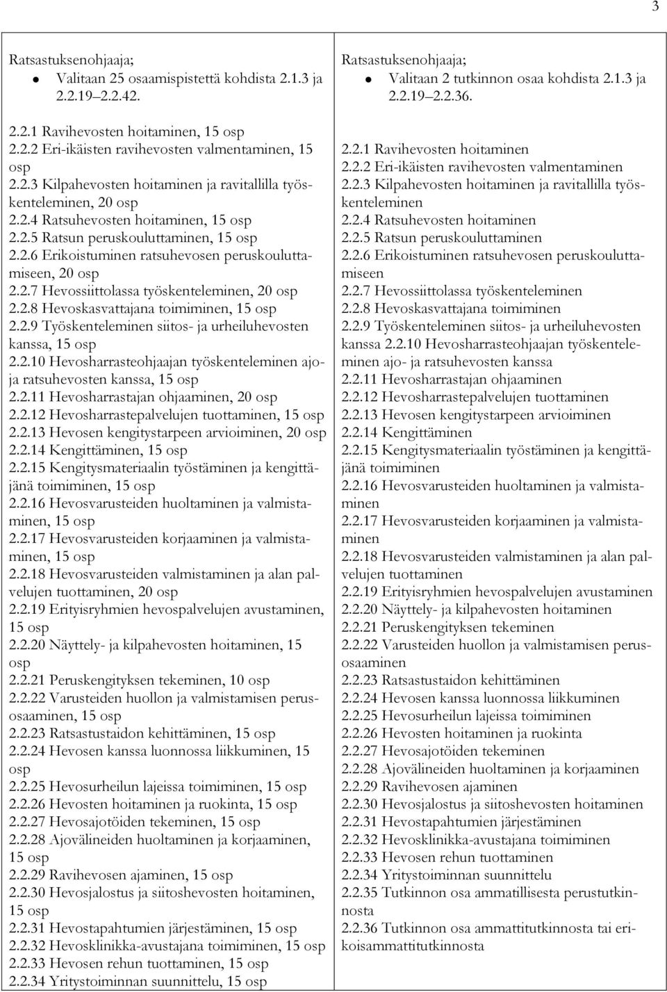 2.9 Työskenteleminen siitos- ja urheiluhevosten kanssa, 15 osp 2.2.10 Hevosharrasteohjaajan työskenteleminen ajoja ratsuhevosten kanssa, 15 osp 2.2.11 Hevosharrastajan ohjaaminen, 20 osp 2.2.12 Hevosharrastepalvelujen tuottaminen, 15 osp 2.