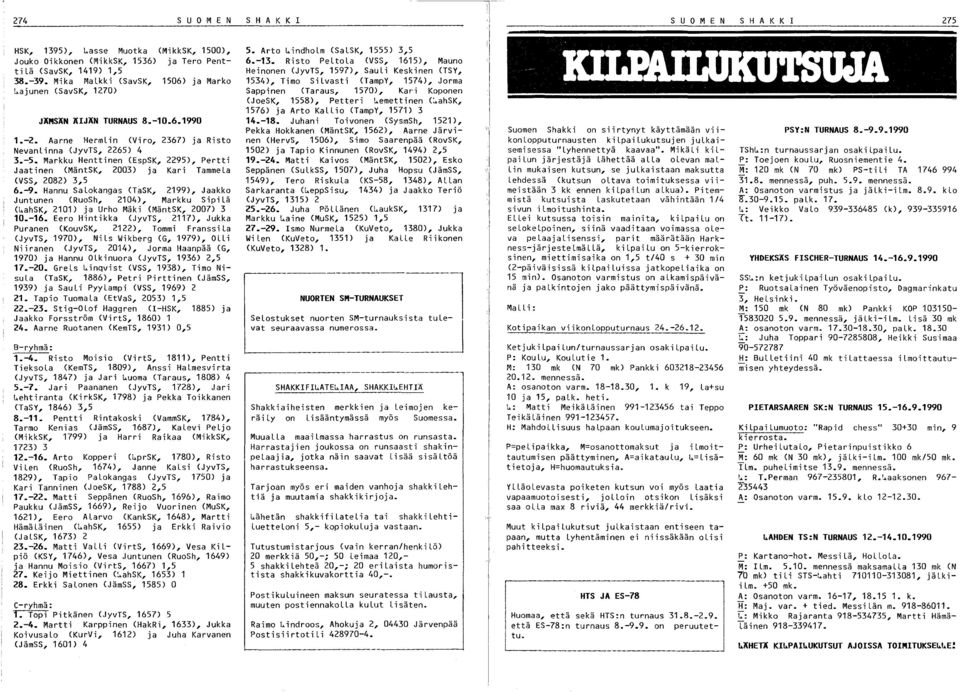 Markku Henttinen (EspSK, 2295), Pertti Jaatinen (MäntSK, 2003) ja Kari TammeLa (VSS, 2082) 3,5 6.-9.