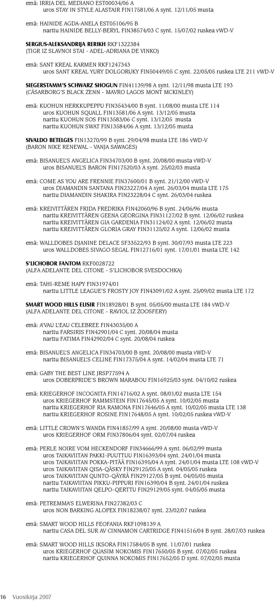 22/05/05 ruskea LTE 211 vwd-v SIEGERSTAMM S SCHWARZ SHOGUN FIN41139/98 A synt. 12/11/98 musta LTE 193 (CÄSARBORG S BLACK ZENN - MAVRO LAGOS MONT MCKINLEY) emä: KUOHUN HERKKUPEPPU FIN35434/00 B synt.