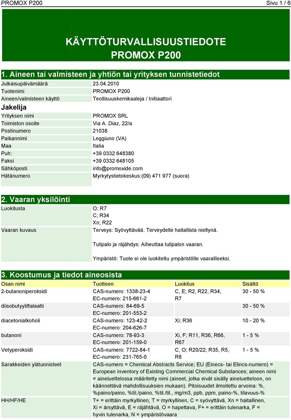 Diaz, 22/a Postinumero 21038 Paikannimi Leggiuno (VA) Maa Italia Puh: +39 0332 648380 Faksi +39 0332 648105 Sähköposti info@promoxide.com Hätänumero Myrkytystietokeskus:(09) 471 977 (suora) 2.