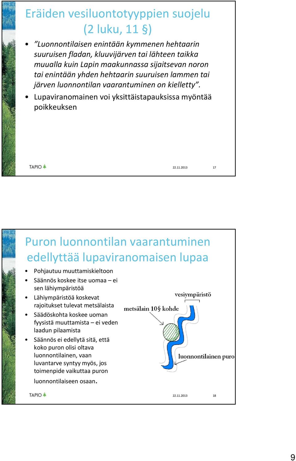 2013 17 Puron luonnontilan vaarantuminen edellyttää lupaviranomaisen lupaa Pohjautuu muuttamiskieltoon Säännös koskee itse uomaa ei sen lähiympäristöä Lähiympäristöä koskevat rajoitukset tulevat