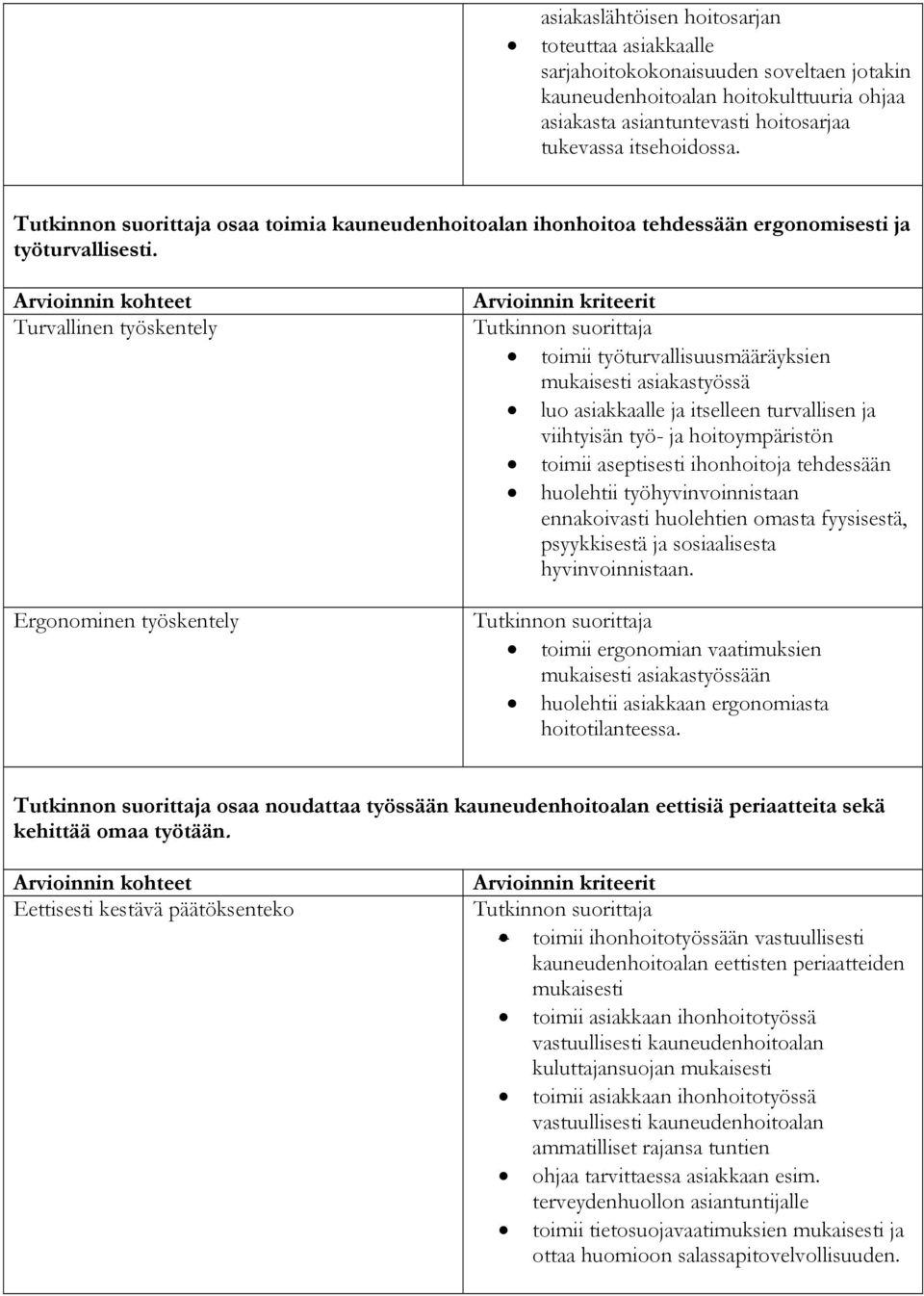 Turvallinen työskentely Ergonominen työskentely toimii työturvallisuusmääräyksien mukaisesti asiakastyössä luo asiakkaalle ja itselleen turvallisen ja viihtyisän työ- ja hoitoympäristön toimii