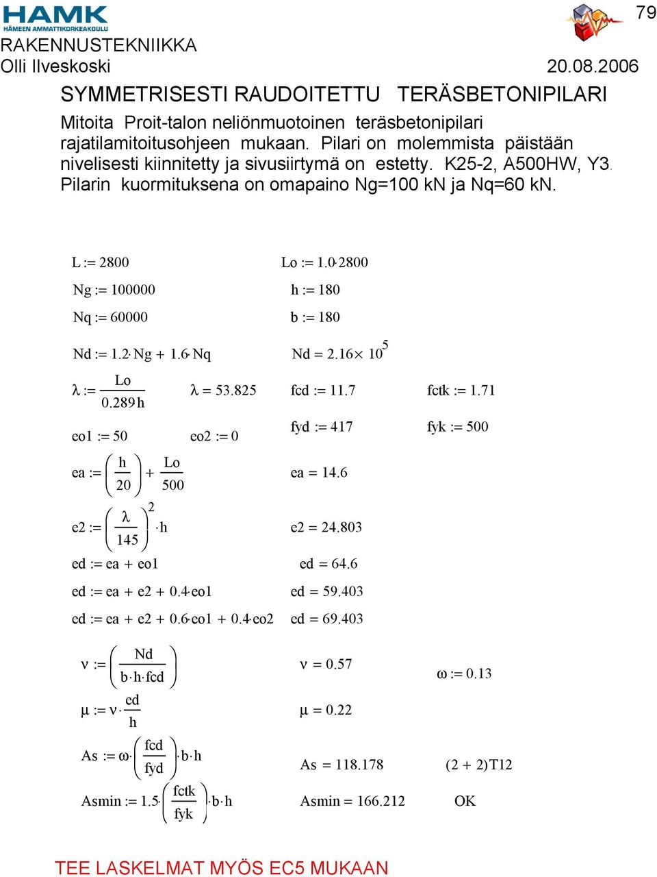 0 2800 Ng := 100000 h := 180 Nq := 60000 b := 180 Nd := 1.2 Ng + 1.6 Nq Nd = 2.16 10 5 Lo λ := λ = 53.825 := 11.7 fctk := 1.71 0.289h eo1 := 50 eo2 := 0 2 λ e2 := h e2 = 24.