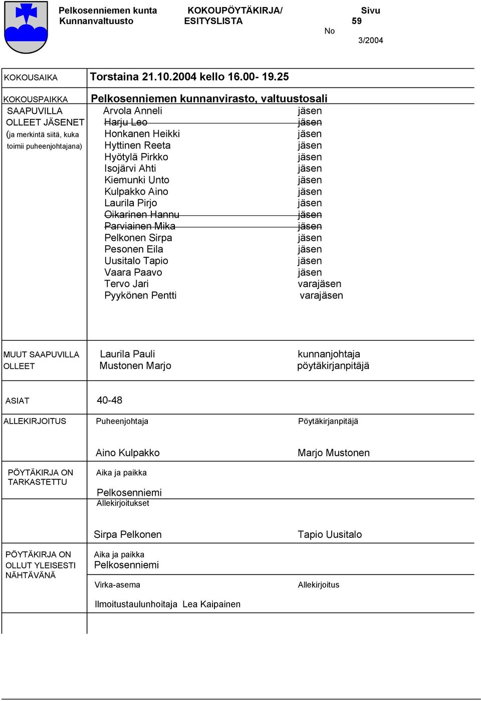 Hyttinen Reeta jäsen Hyötylä Pirkko jäsen Isojärvi Ahti jäsen Kiemunki Unto jäsen Kulpakko Aino jäsen Laurila Pirjo jäsen Oikarinen Hannu jäsen Parviainen Mika jäsen Pelkonen Sirpa jäsen Pesonen Eila