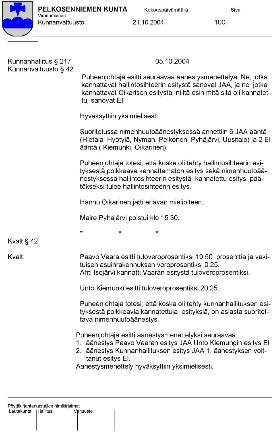 Suoritetussa nimenhuutoäänestyksessä annettiin 6 JAA ääntä (Hietala, Hyötylä, Nyman, Pelkonen, Pyhäjärvi, Uusitalo) ja 2 EI ääntä ( Kiemunki, Oikarinen).