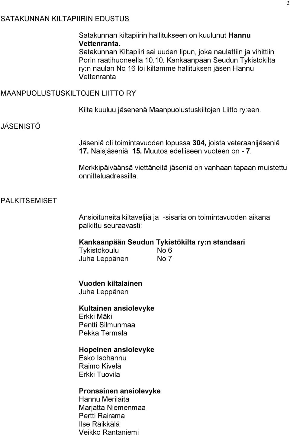 10. Kankaanpään Seudun Tykistökilta ry:n naulan No 16 löi kiltamme hallituksen jäsen Hannu Vettenranta Kilta kuuluu jäsenenä Maanpuolustuskiltojen Liitto ry:een.