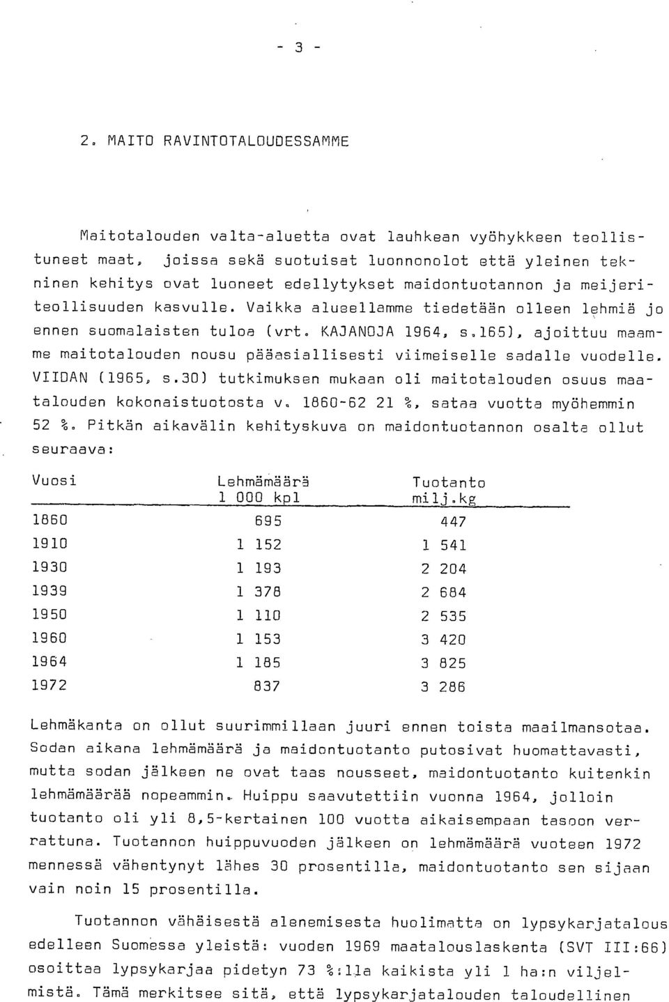 165), ajoittuu maamme maitotalouden nousu pääasiallisesti viimeiselle sadalle vuodelle. VIIDAN (1965, s.30) tutkimuksen mukaan oli maitotalouden osuus maatalouden kokonaistuotosta v.