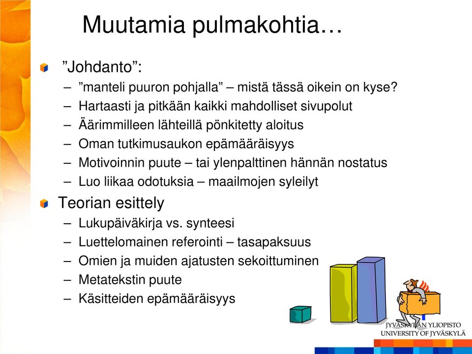 epämääräisyys Motivoinnin puute tai ylenpalttinen hännän nostatus Luo liikaa odotuksia maailmojen syleilyt Teorian