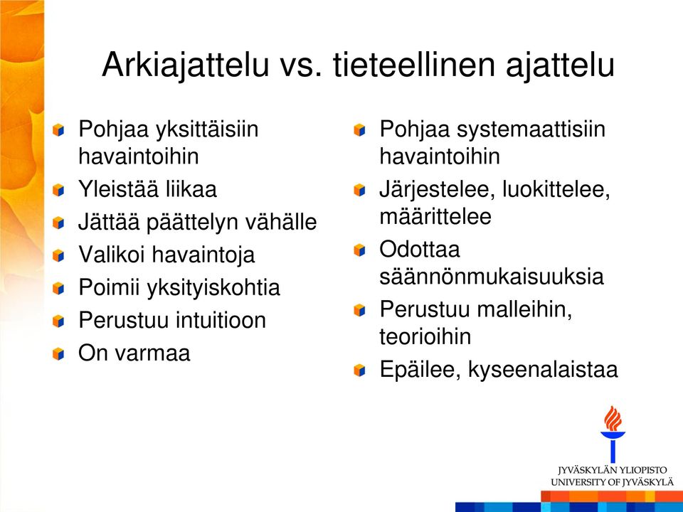 päättelyn vähälle Valikoi havaintoja Poimii yksityiskohtia Perustuu intuitioon On