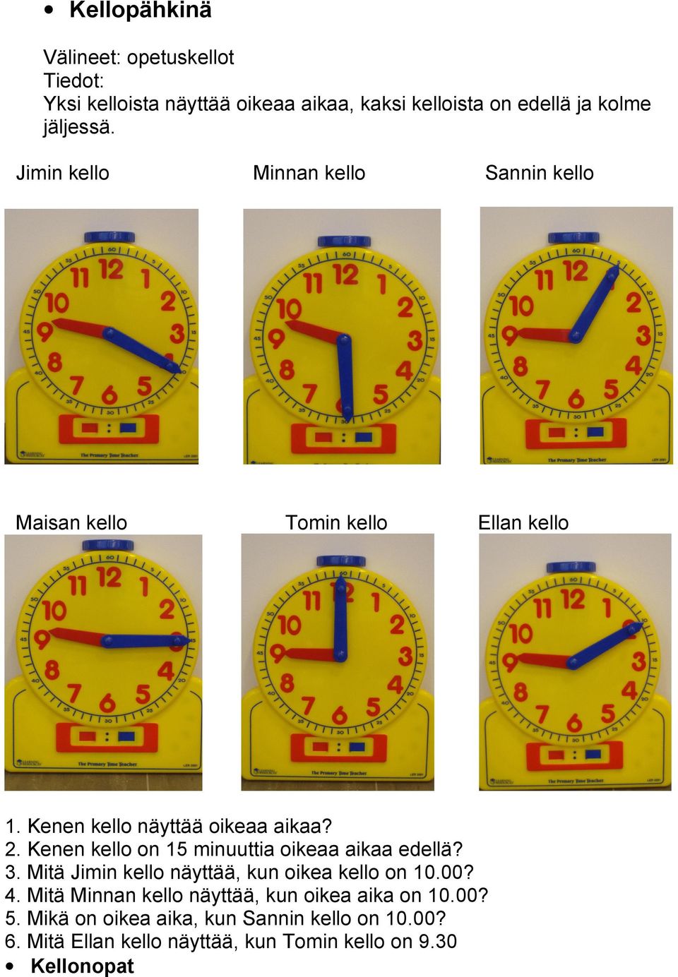 Kenen kello on 15 minuuttia oikeaa aikaa edellä? 3. Mitä Jimin kello näyttää, kun oikea kello on 10.00? 4.