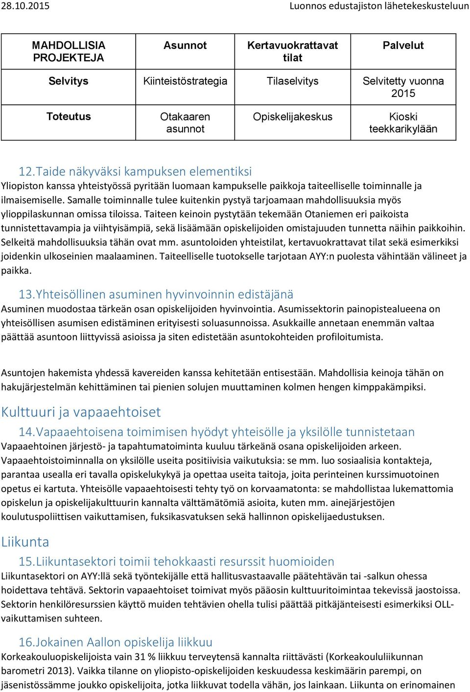 Samalle toiminnalle tulee kuitenkin pystyä tarjoamaan mahdollisuuksia myös ylioppilaskunnan omissa tiloissa.