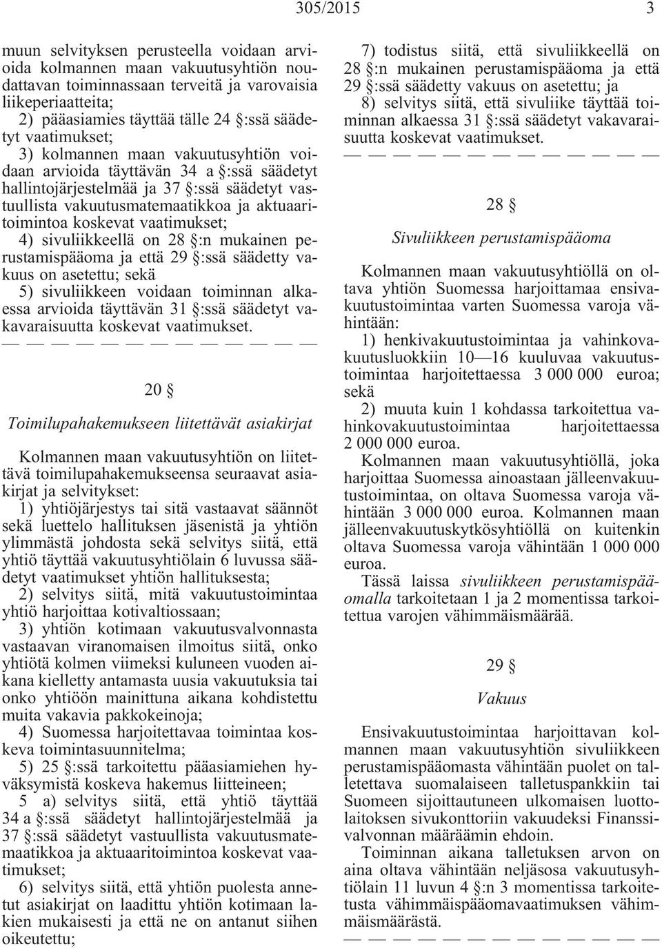 koskevat vaatimukset; 4) sivuliikkeellä on 28 :n mukainen perustamispääoma ja että 29 :ssä säädetty vakuus on asetettu; sekä 5) sivuliikkeen voidaan toiminnan alkaessa arvioida täyttävän 31 :ssä