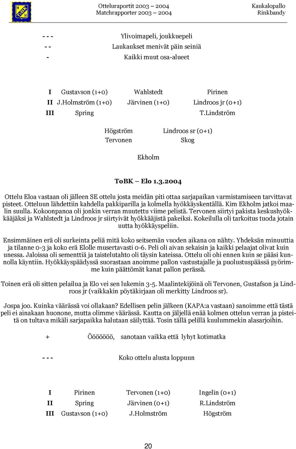 Otteluun lähdettiin kahdella pakkiparilla ja kolmella hyökkäyskentällä. Kim Ekholm jatkoi maalin suulla. Kokoonpanoa oli jonkin verran muutettu viime pelistä.