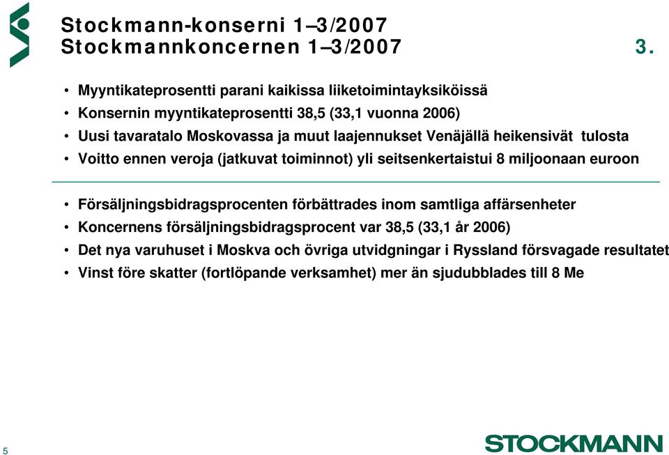 laajennukset Venäjällä heikensivät tulosta Voitto ennen veroja (jatkuvat toiminnot) yli seitsenkertaistui 8 miljoonaan euroon Försäljningsbidragsprocenten