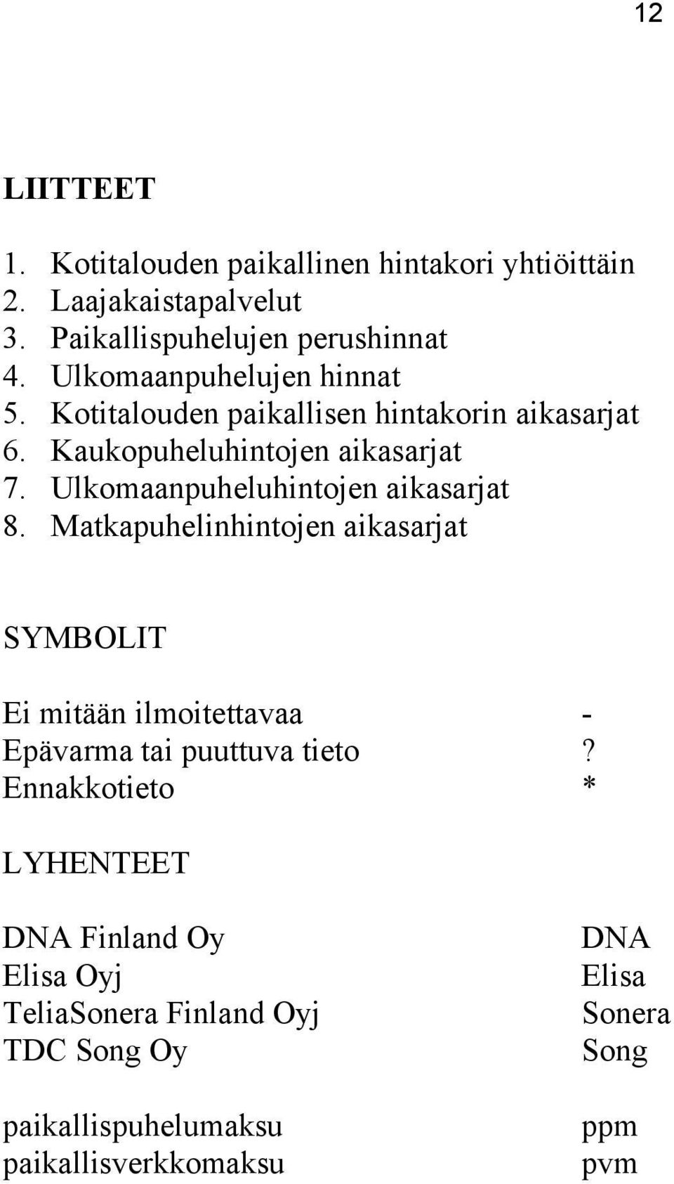 Ulkomaanpuheluhintojen aikasarjat 8.