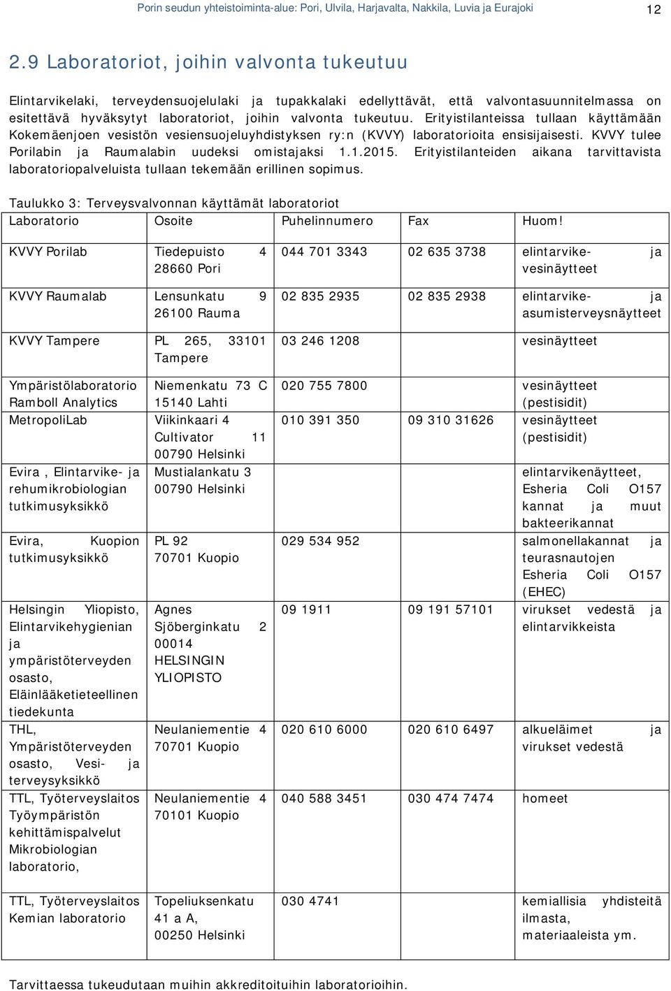 Erityistilanteissa tullaan käyttämään Kokemäenjoen vesistön vesiensuojeluyhdistyksen ry:n (KVVY) laboratorioita ensisijaisesti. KVVY tulee Porilabin ja Raumalabin uudeksi omistajaksi 1.1.2015.