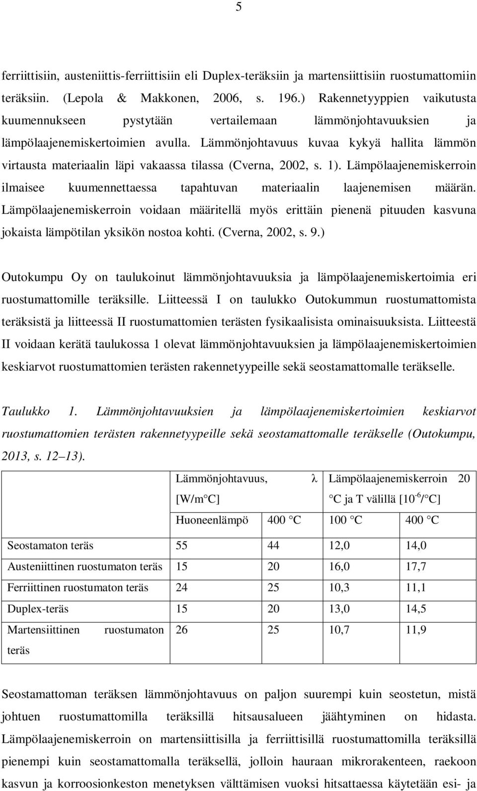 Lämmönjohtavuus kuvaa kykyä hallita lämmön virtausta materiaalin läpi vakaassa tilassa (Cverna, 2002, s. 1). Lämpölaajenemiskerroin ilmaisee kuumennettaessa tapahtuvan materiaalin laajenemisen määrän.