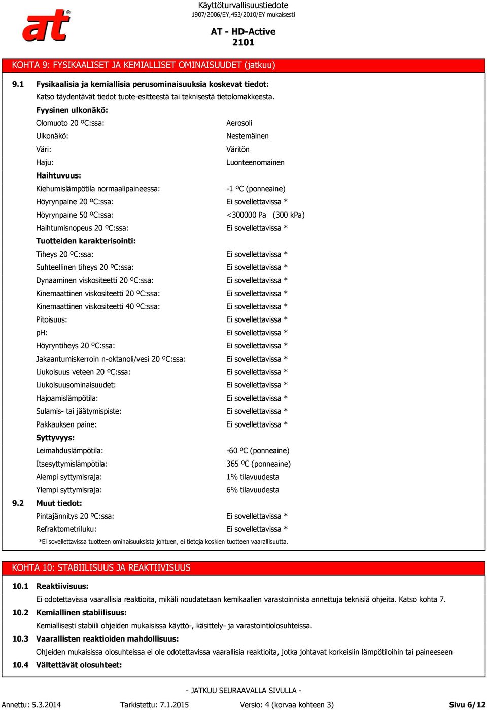 Fyysinen ulkonäkö: Olomuoto 20 ºC:ssa: Aerosoli Ulkonäkö: Nestemäinen Väri: Väritön Haju: Luonteenomainen Haihtuvuus: Kiehumislämpötila normaalipaineessa: -1 ºC (ponneaine) Höyrynpaine 20 ºC:ssa: *