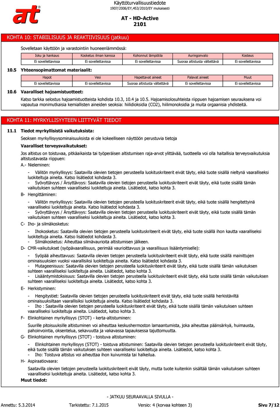 6 Vaaralliset hajoamistuotteet: Katso tarkka selostus hajoamistuotteista kohdista 10.3, 10.4 ja 10.5.