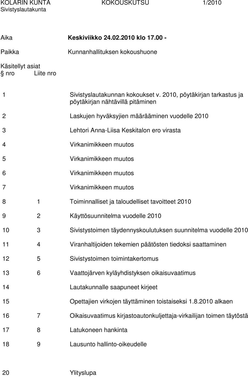 muutos 6 Virkanimikkeen muutos 7 Virkanimikkeen muutos 8 1 Toiminnalliset ja taloudelliset tavoitteet 2010 9 2 Käyttösuunnitelma vuodelle 2010 10 3 Sivistystoimen täydennyskoulutuksen suunnitelma