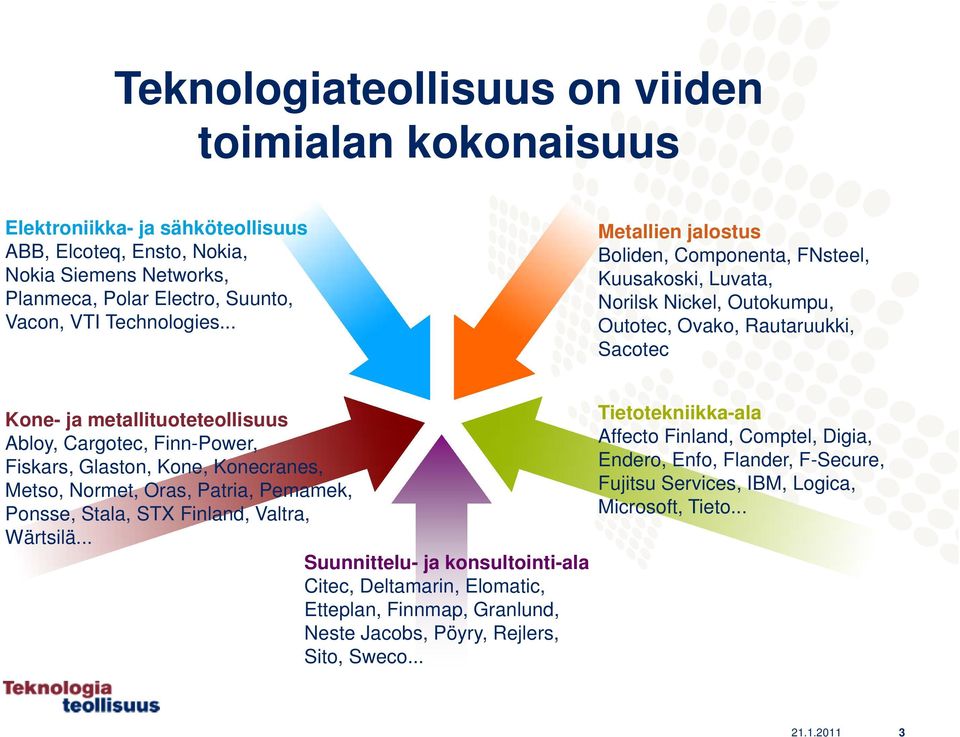 Fiskars, Glaston, Kone, Konecranes, Metso, Normet, Oras, Patria, Pemamek, Ponsse, Stala, STX Finland, Valtra, Wärtsilä.