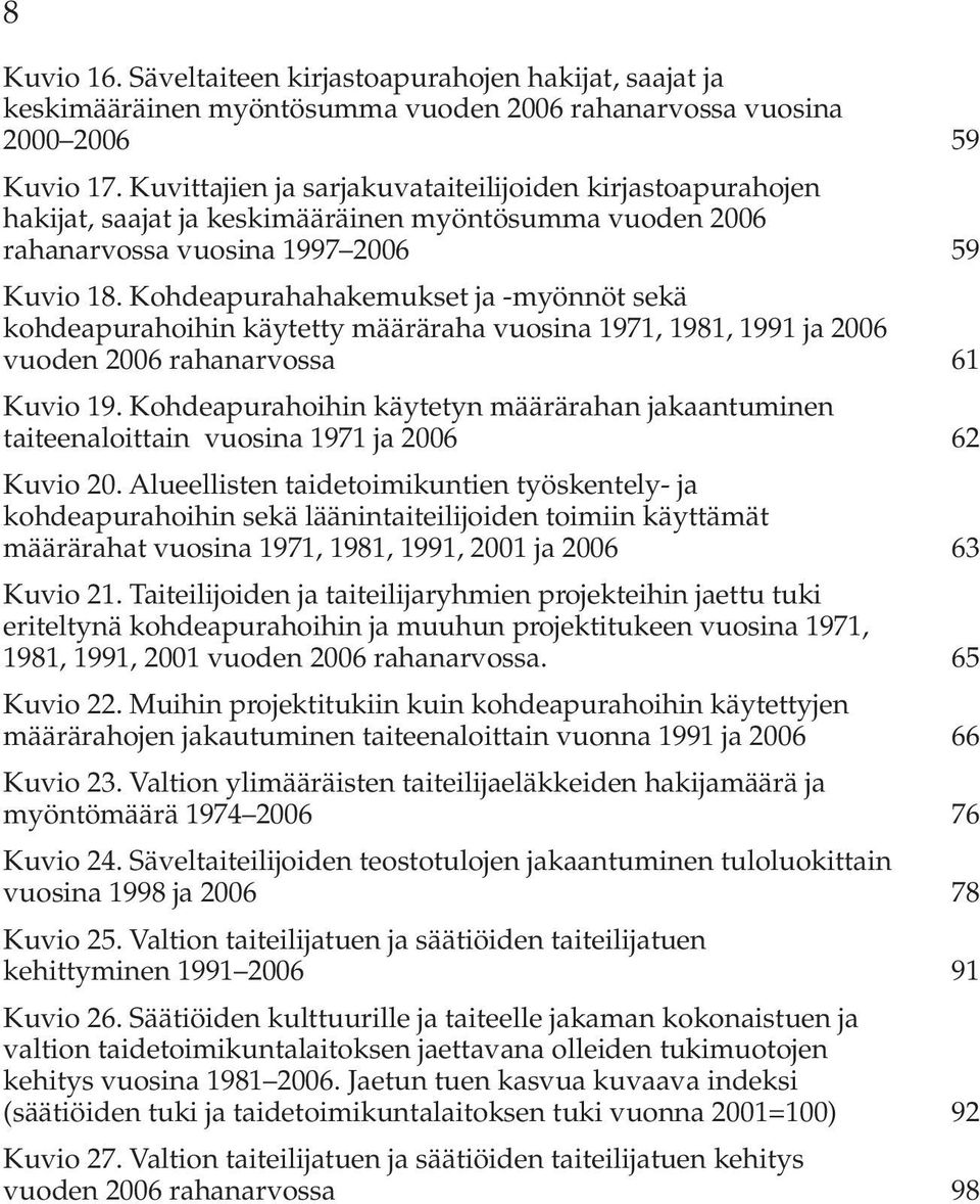 Kohdeapurahahakemukset ja -myönnöt sekä kohdeapurahoihin käytetty määräraha vuosina 1971, 1981, 1991 ja 2006 vuoden 2006 rahanarvossa 61 Kuvio 19.