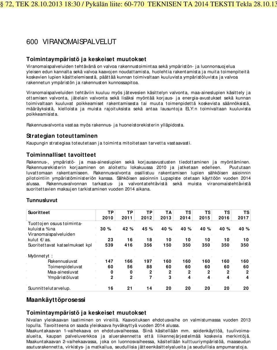 13 600 VIRANOMAISPALVELUT Toimintaympäristö ja keskeiset muutokset Viranomaispalveluiden tehtävänä on valvoa rakennustoimintaa sekä ympäristön- ja luonnonsuojelua yleisen edun kannalta sekä valvoa