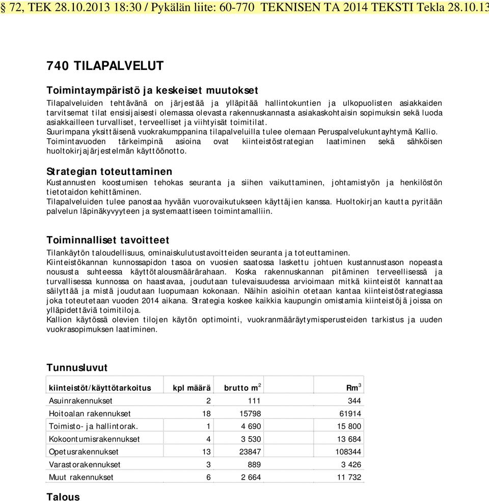 13 740 TILAPALVELUT Toimintaympäristö ja keskeiset muutokset Tilapalveluiden tehtävänä on järjestää ja ylläpitää hallintokuntien ja ulkopuolisten asiakkaiden tarvitsemat tilat ensisijaisesti olemassa