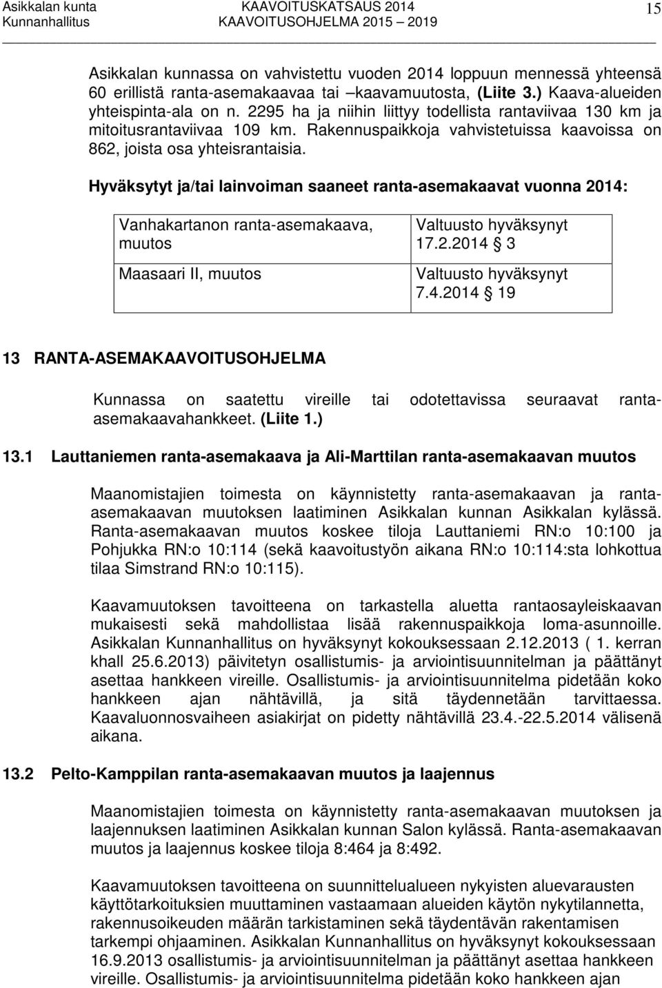 Hyväksytyt ja/tai lainvoiman saaneet ranta-asemakaavat vuonna 2014: Vanhakartanon ranta-asemakaava, muutos Maasaari II, muutos Valtuusto hyväksynyt 17.2.2014 3 Valtuusto hyväksynyt 7.4.2014 19 13 RANTA-ASEMAKAAVOITUSOHJELMA Kunnassa on saatettu vireille tai odotettavissa seuraavat rantaasemakaavahankkeet.