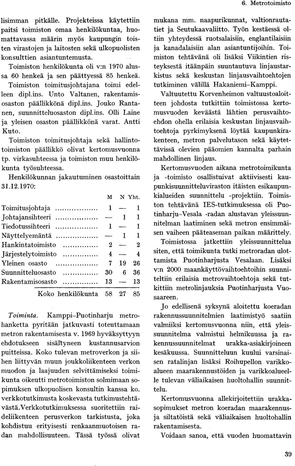 Toimiston henkilökunta oli v:n 1970 alussa 60 henkeä ja sen päättyessä 85 henkeä. Toimiston toimitusjohtajana toimi edelleen dipl.ins. Unto Valtanen, rakentamisosaston päällikkönä dipl.ins. Jouko Rantanen, suunnitteluosaston dipl.