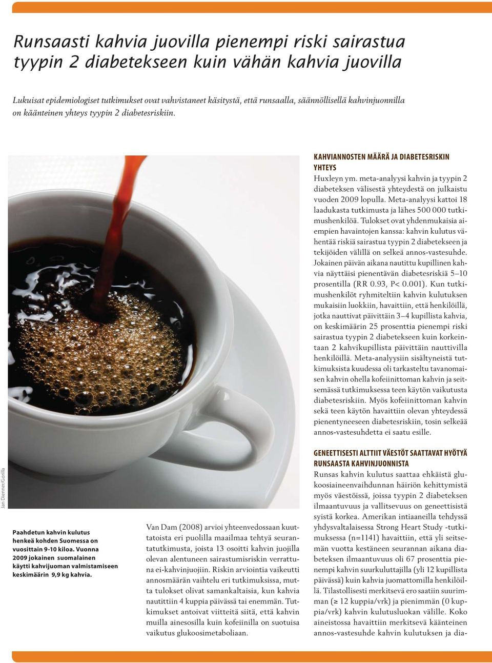 meta-analyysi kahvin ja tyypin 2 diabeteksen välisestä yhteydestä on julkaistu vuoden 2009 lopulla. Meta-analyysi kattoi 18 laadukasta tutkimusta ja lähes 500 000 tutkimushenkilöä.