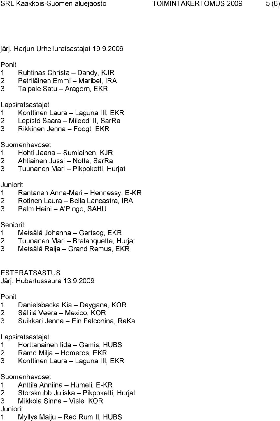 9.2009 1 Ruhtinas Christa Dandy, KJR 2 Petriläinen Emmi Maribel, IRA 3 Taipale Satu Aragorn, EKR Lapsiratsastajat 1 Konttinen Laura Laguna III, EKR 2 Lepistö Saara Mileedi II, SarRa 3 Rikkinen Jenna