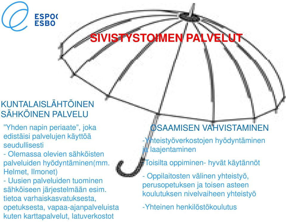 y -Toisilta oppiminen- hyvät käytännöt Helmet, Ilmonet) - Oppilaitosten välinen yhteistyö, - Uusien palveluiden tuominen perusopetuksen ja toisen asteen